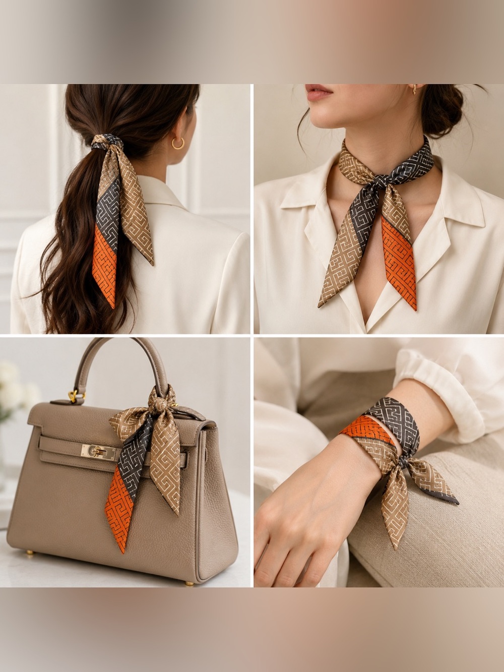 Luxury Geometric Skinny Silk Scarf Hair Neck Bag Accessory